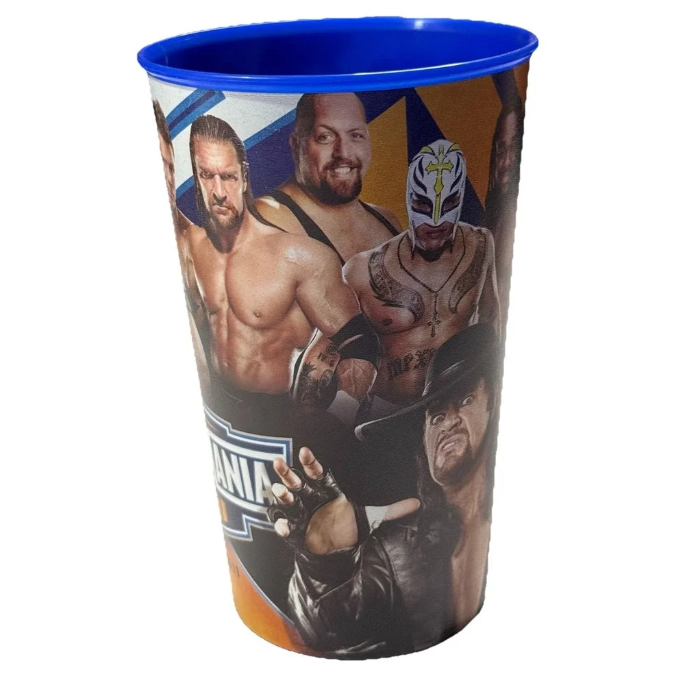2 Vintage WWE Blue & White Collectible Plastic Souvenir Cups Wrestling Superstar